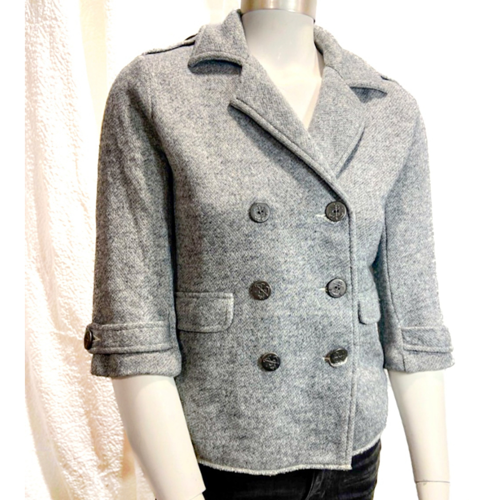 CAbi Peacoat Jacket #393 Heather Gray Knit Shrunken XS Anchor Buttons Raw